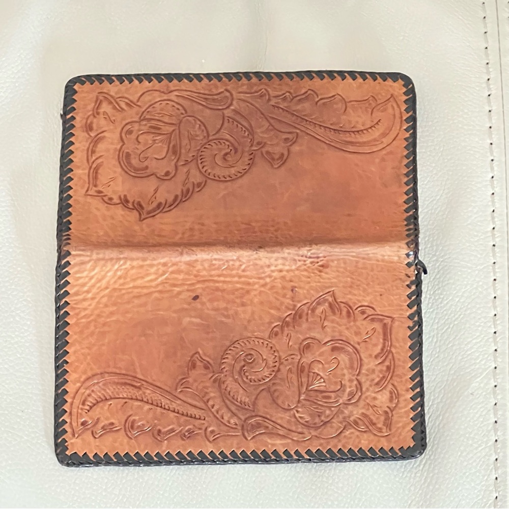 Tooled Leather Wallet Western Floral Embossed Brown Boho Retro Checkbook - Picture 6 of 12